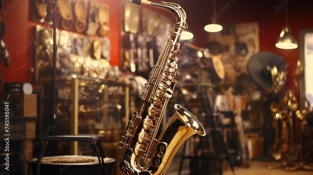 Musical instrument saxophone placed on a wooden table. Suitable for music themes
