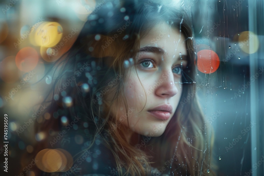 A woman stands by a window, gazing out at the rain falling outside, lost in thought and contemplation of the gentle shower A woman stands by a window, gazing out at the rain falling outside, lost in thought and contemplation of the gentle shower