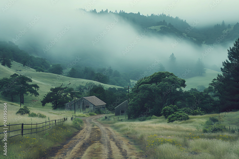 Rustic barn in misty hills. Atmospheric landscape photography for rural wall art and nature-themed design