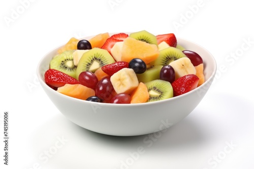 A white bowl filled with a variety of fresh fruit. Perfect for healthy eating concept