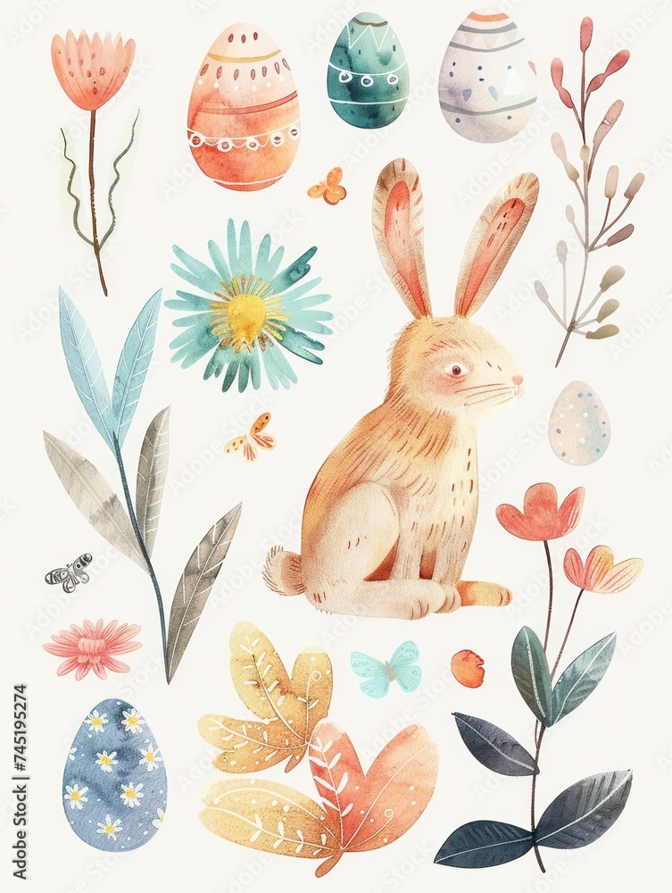 Cute Easter pictures in watercolor style with bunnies, eggs and flowers generated AI Cute Easter pictures in watercolor style with bunnies, eggs and flowers generated AI