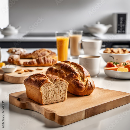 Simple breakfast bites with bread and orange juice on a wooden chopping block white countertop in a bright kitchen in the background 