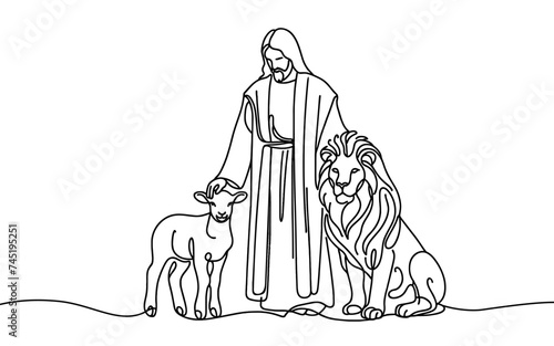 Vector image of Jesus with a lion and lamb in a linear style.
