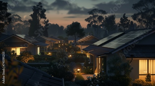 Suburban Houses with Solar Panels on Rooftops at Night