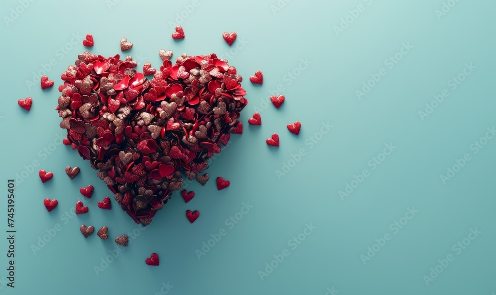 Red little heart shaped hearts on a blue background with free space generated AI
