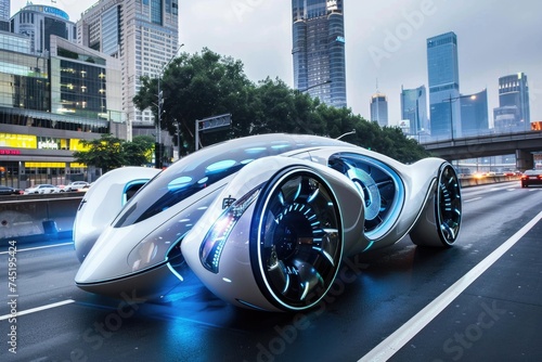 In a bustling city street, a cutting-edge futuristic car effortlessly maneuvers through traffic, showcasing innovative transportation design and technology