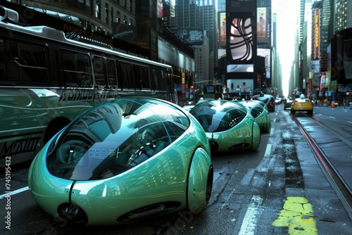 A row of sleek and innovative cars with modern design on a bustling city street, showcasing the advancement of transportation technology