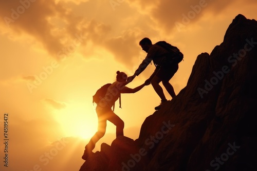 Two individuals assisting each other on a mountain, suitable for teamwork concepts