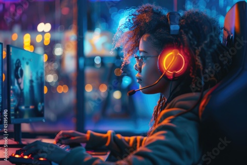 A person wearing headphones is deeply focused on their computer screen, immersed in digital activities photo