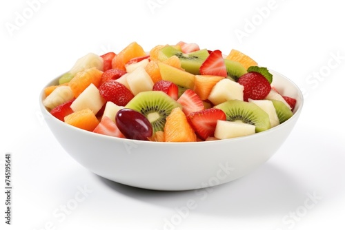 A white bowl filled with a variety of fruit. Great for healthy eating concepts