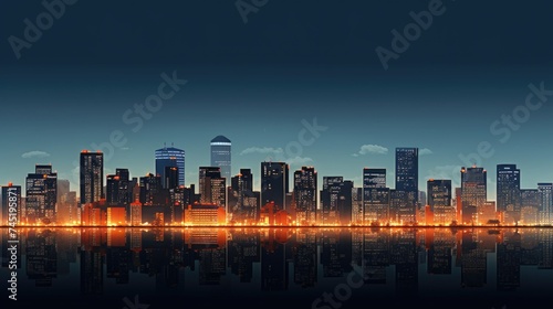 City skyline at night with reflection on water. Suitable for urban themes