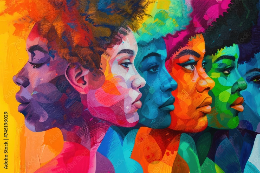 A painting depicting a group of women with diverse hair colors, showcasing the beauty of individuality and uniqueness