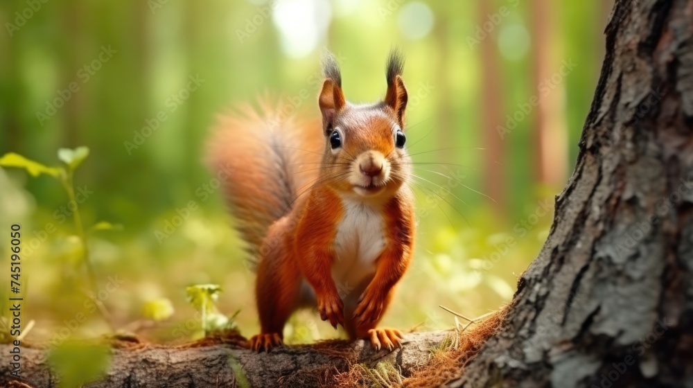 A squirrel standing on a tree trunk in the woods. Suitable for nature and wildlife themes A squirrel standing on a tree trunk in the woods. Suitable for nature and wildlife themes