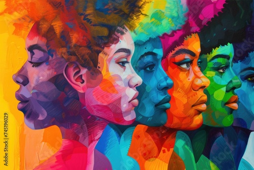 A painting depicting a group of women with diverse hair colors  showcasing the beauty of individuality and uniqueness