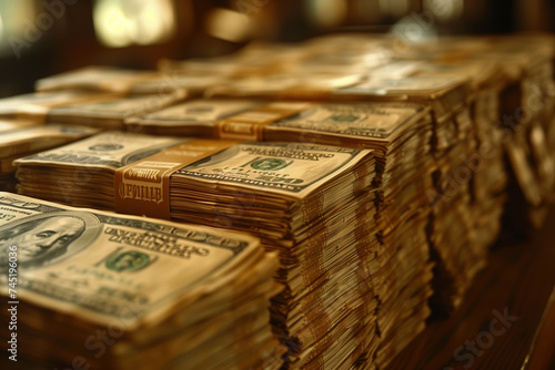 A close-up shot of a thick stacks of old and used dollar bills bound together