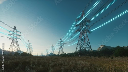 Power Transmission Lines. Clean Ecological Environment. High voltage steel power pylons in field. Transmission of electricity through high-voltage wires photo