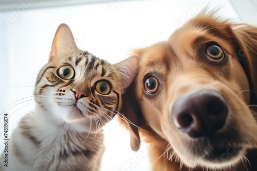 a cat and dog looking up at a white background in the style of light brown and gold fish-eye lens