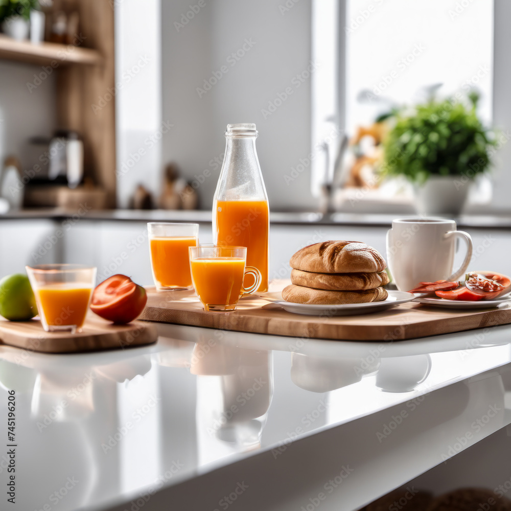 A mouthwatering breakfast selection on a wooden platter white countertop in a current-style kitchen in the background.
A mouthwatering breakfast selection on a wooden platter white countertop in a current-style kitchen in the background.