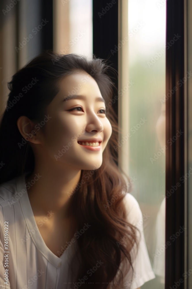 Woman smiling while looking out window, suitable for lifestyle or happiness concepts