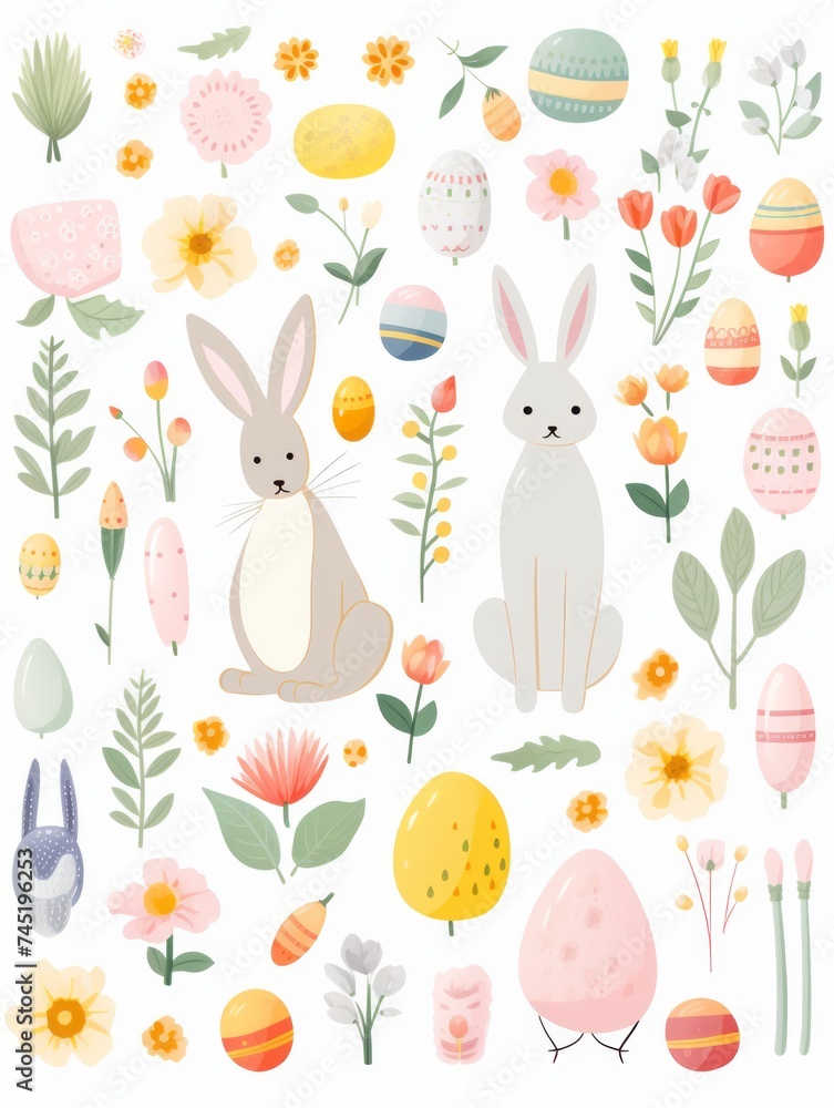 Cute Easter pictures in watercolor style with bunnies, eggs and flowers generated AI