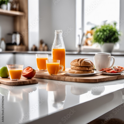 A mouthwatering breakfast selection on a wooden platter white countertop in a current-style kitchen in the background. 