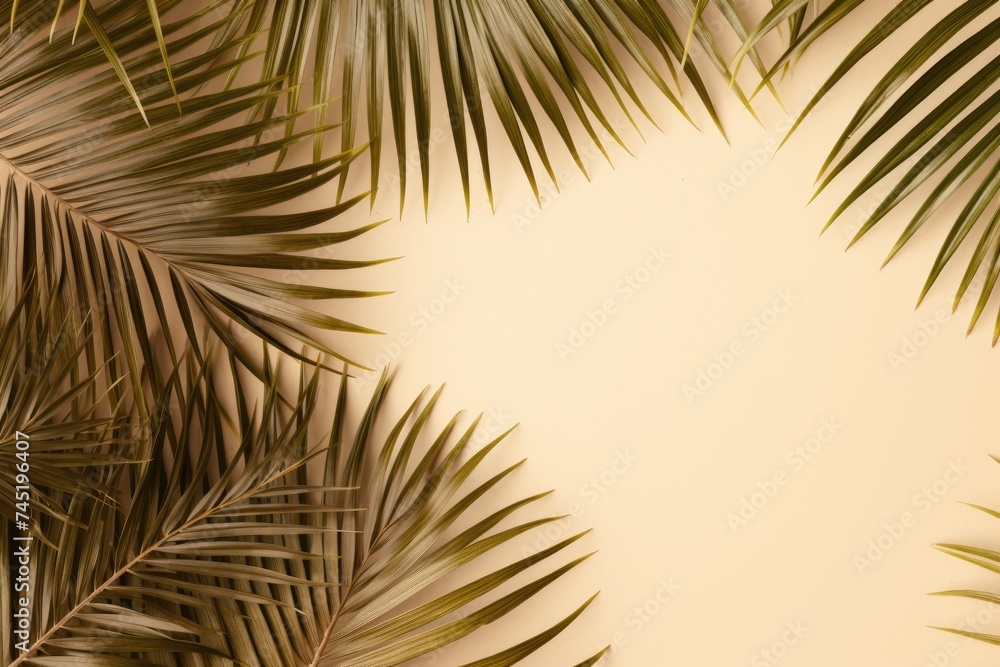 sand and palm leaves top view copy space
