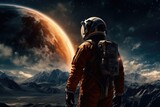 Astronaut in space suit standing in front of a planet, suitable for science fiction or space exploration concepts
