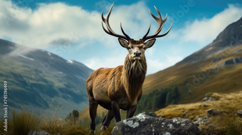 A deer standing on a lush green hillside, suitable for nature themes