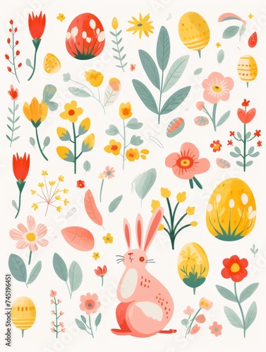 Cute Easter pictures in watercolor style with bunnies, eggs and flowers generated AI