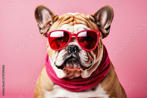 bulldog wearing sunglasses and a pink bandana © IOLA