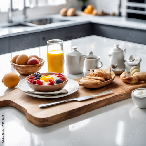Appetizing breakfast bites on a wooden slab white countertop in a designer kitchen in the background 