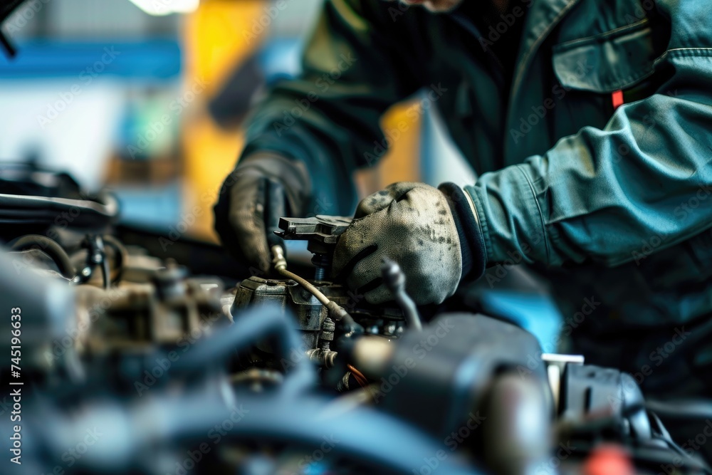 Close-up shot of mechanic repairing engine in garage Close-up shot of mechanic repairing engine in garage