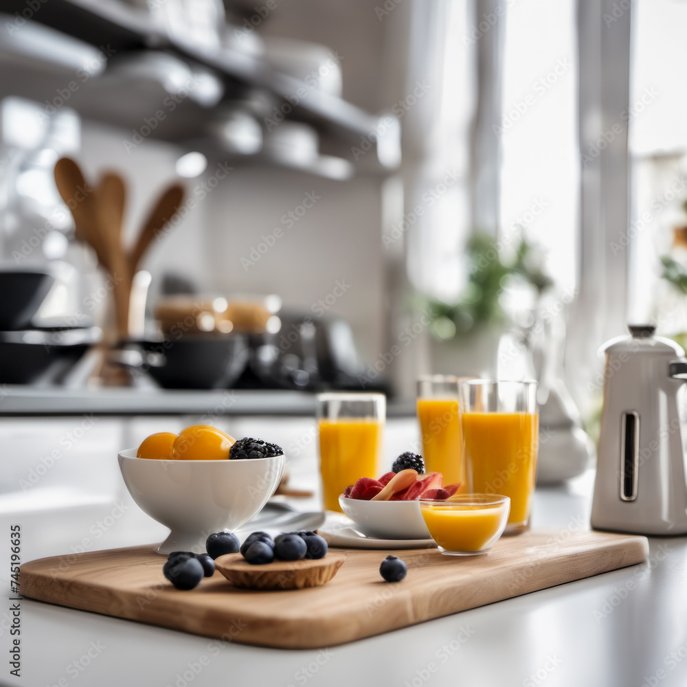 Satisfying breakfast spread on a wooden slab white countertop in a fashionable kitchen in the background
Satisfying breakfast spread on a wooden slab white countertop in a fashionable kitchen in the background