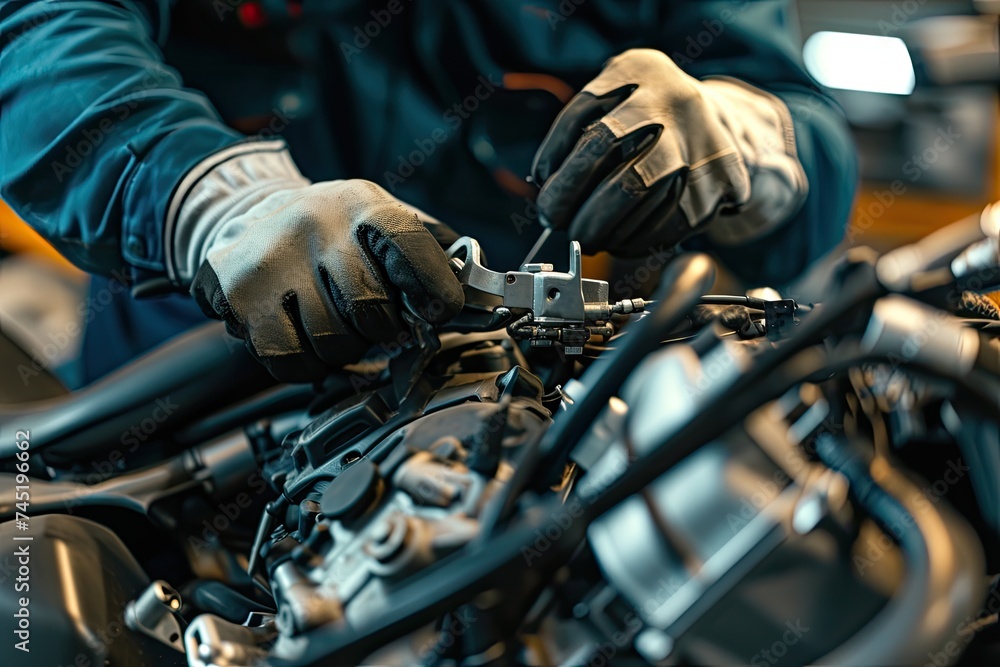 Close-up shot of mechanic repairing engine in garage