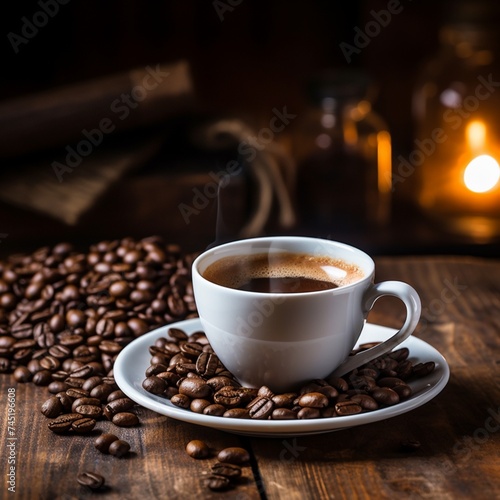 A cup of coffee on a wooden table with roasted coffee beans spilled around it.