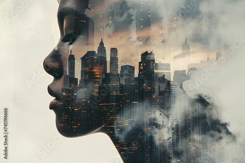 A city skyline merged with the intricate pattern of a person's face in a double exposure portrait photo