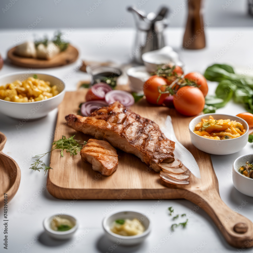 Wholesome food on a wooden serving board white countertop in a stylish kitchen in the background
