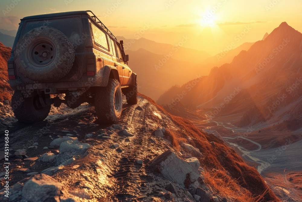 A rugged jeep navigates up a steep mountain at sunset, conquering the challenging terrain with determination. The vibrant sky adds a dramatic backdrop to this outdoor adventure A rugged jeep navigates up a steep mountain at sunset, conquering the challenging terrain with determination. The vibrant sky adds a dramatic backdrop to this outdoor adventure