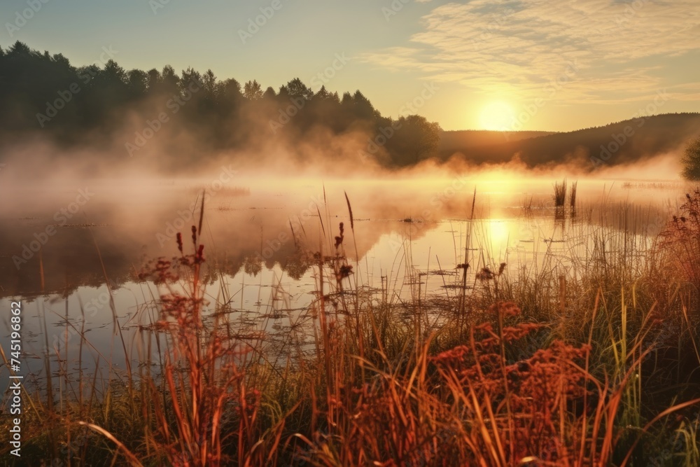 Beautiful sunset over a tranquil lake with reeds, perfect for nature backgrounds - obrazy, fototapety, plakaty 