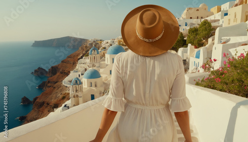 Elegant woman in a hat and white dress walks down the steps of S
