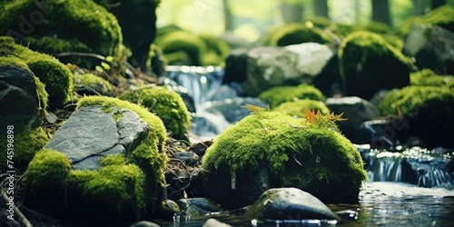 A serene stream flowing through a vibrant forest. Ideal for nature and travel concepts