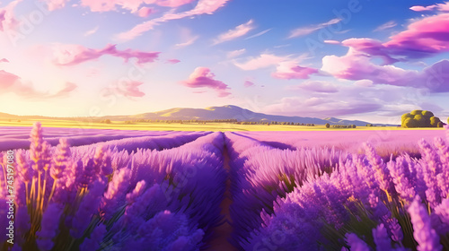 Panoramic view of lavender fields in bloom