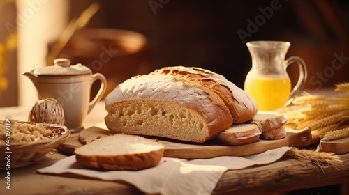 Freshly baked bread loaf on rustic wooden table. Perfect for bakery or food-related designs