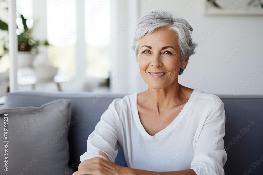 a Smiling middle aged woman sitting on sofa at home, single mature senior in living room a Smiling middle aged woman sitting on sofa at home, single mature senior in living room