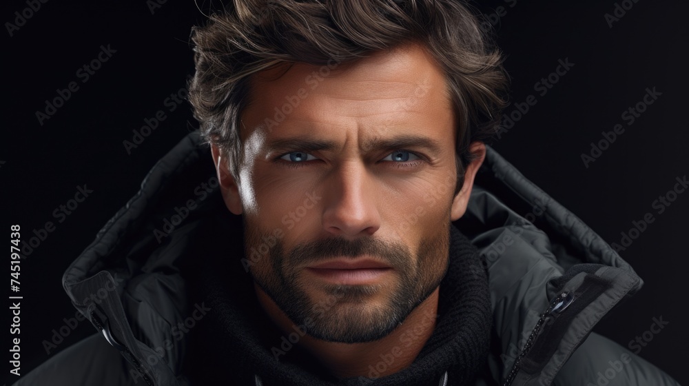 A man wearing a black jacket and a hoodie. Suitable for fashion or urban lifestyle concepts A man wearing a black jacket and a hoodie. Suitable for fashion or urban lifestyle concepts