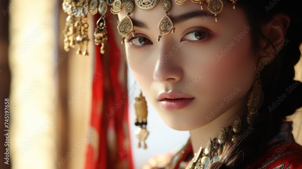 Elegant woman in red dress with gold headpiece, perfect for fashion or beauty concepts Elegant woman in red dress with gold headpiece, perfect for fashion or beauty concepts