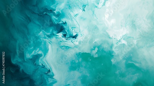 Close up of turquoise paint mixing in water. Abstract background