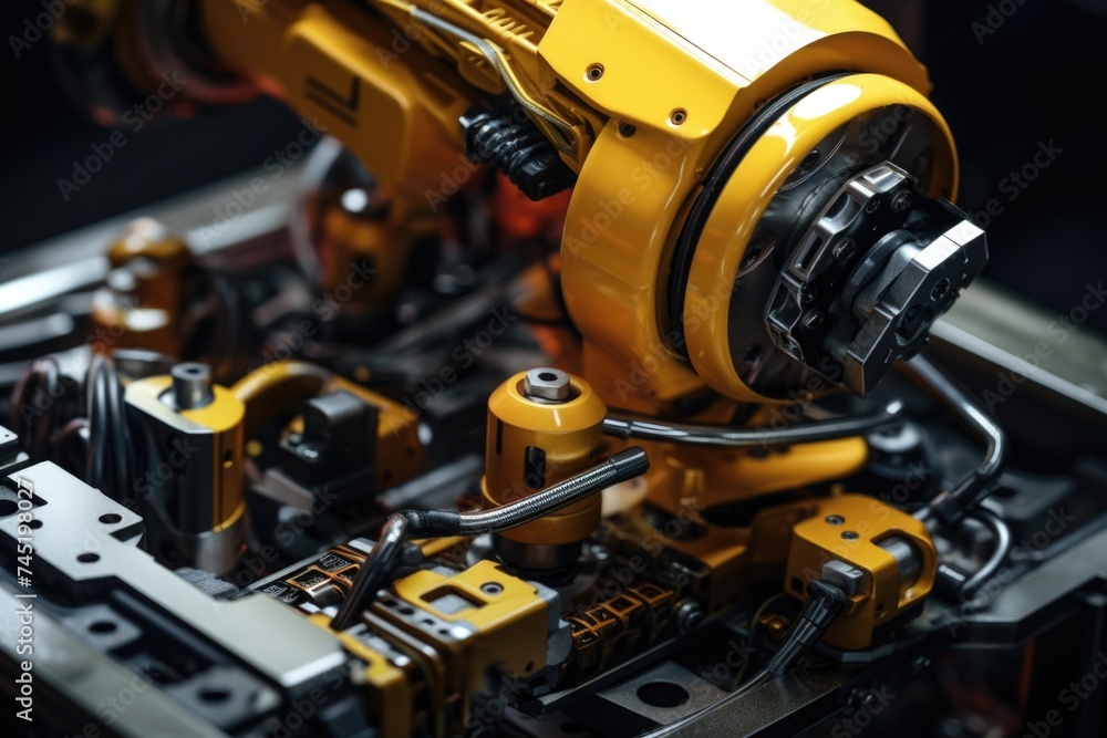 Detailed close up of a yellow robot's arm, suitable for technology concepts