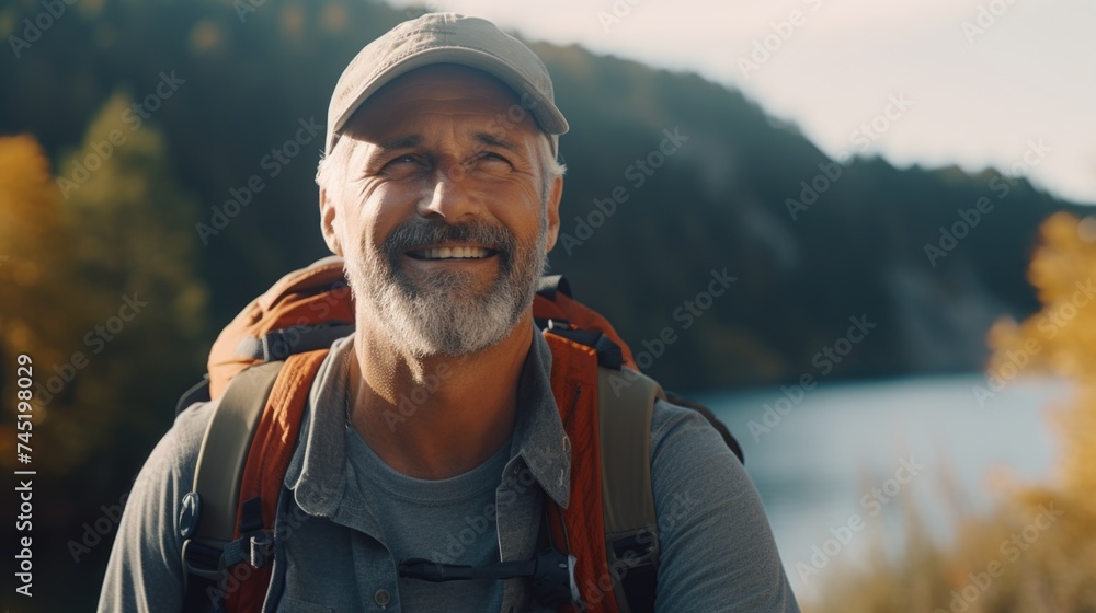 A man with a beard wearing a backpack, suitable for travel and adventure concepts A man with a beard wearing a backpack, suitable for travel and adventure concepts