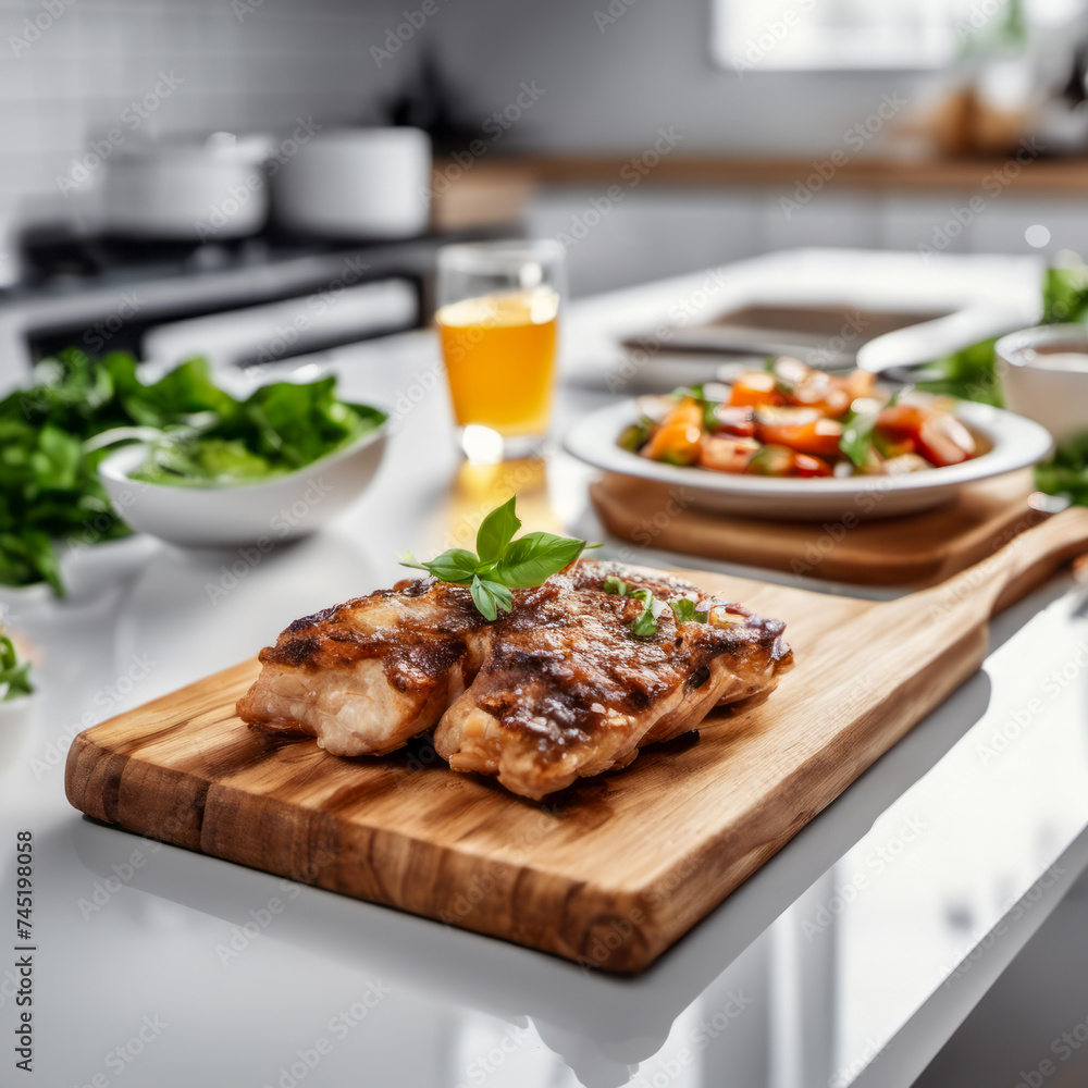 Nutritious food on a wooden cutting board. White countertop in a modern kitchen in the background.

